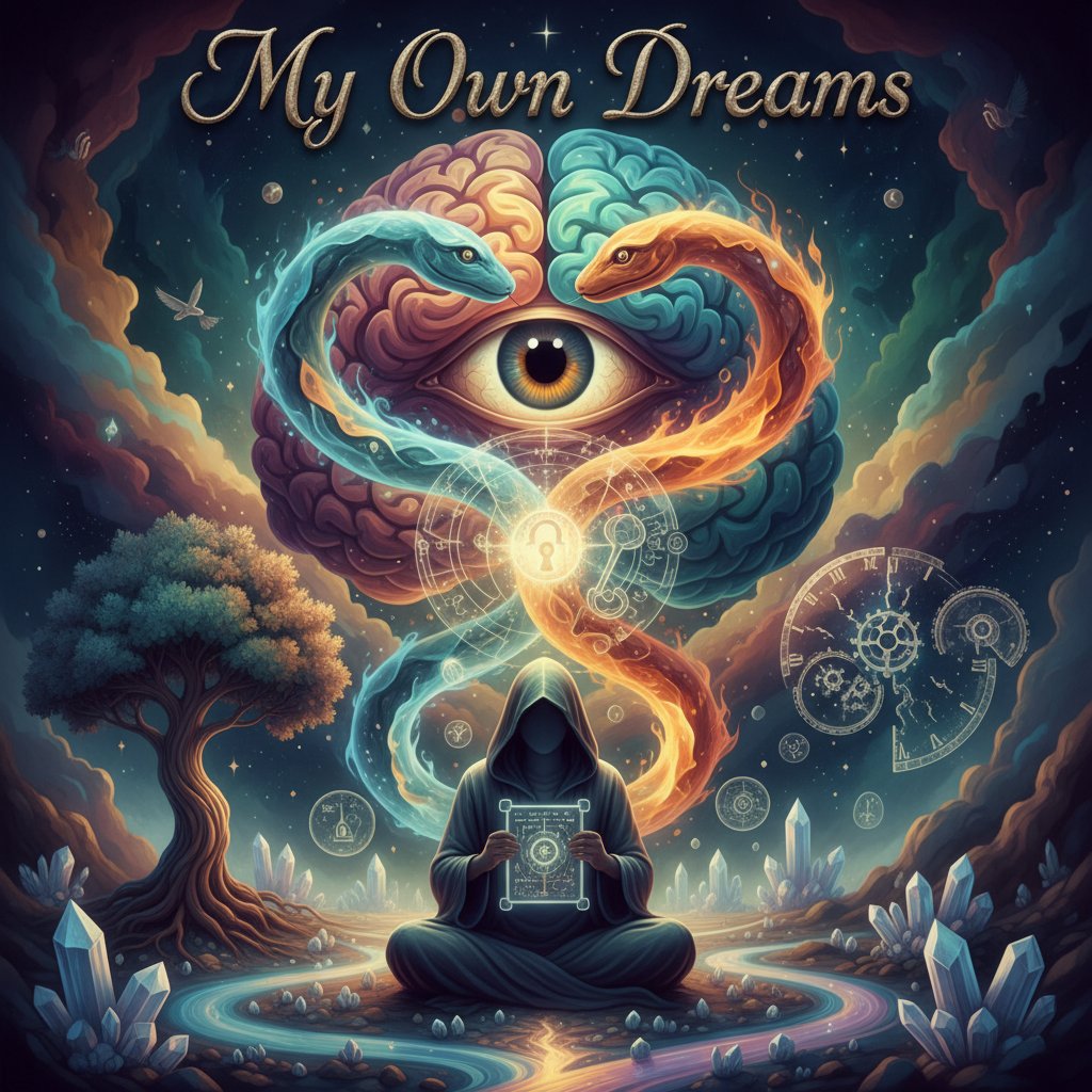 Dream interpretation illustration — a robed mystic meditates beneath two serpents forming an infinity symbol around an all-seeing eye, surrounded by crystals, alchemical sigils, and the Tree of Life, representing the union of mind, symbol, and the unconscious in professional dream analysis