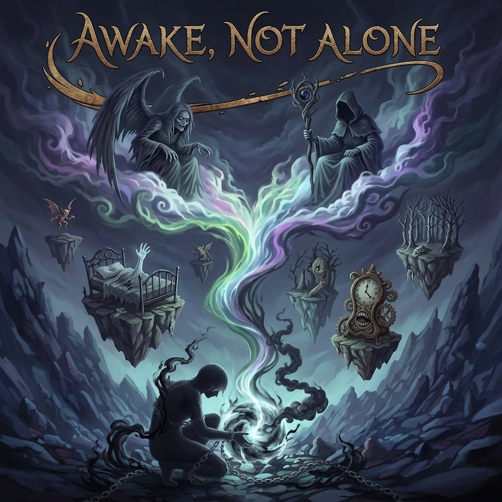 A chained figure kneels in a dark dreamscape surrounded by shadow demons, a floating bed, and an antique clock — depicting the terror of sleep paralysis