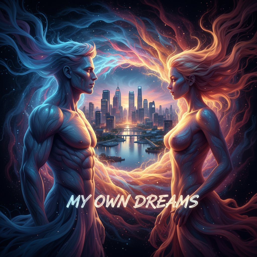 Masculine and feminine energies united in the dream world — two luminous figures face each other across a city of light, their auras merging in a spiral of blue and gold fire