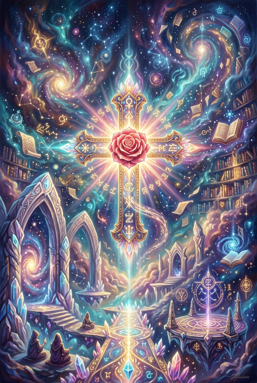 A luminous Rose Cross surrounded by alchemical symbols, constellations, open books and robed figures in a cosmic library — representing Rosicrucian wisdom and the dream world