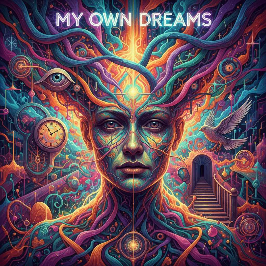 A vivid psychedelic dreamscape illustration — a cosmic face surrounded by surreal imagery of eyes, clocks, and celestial symbols representing the unconscious mind and snake dream symbolism — My Own Dreams