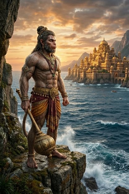 Hanuman stands on the cliffs above the ocean, Lanka gleaming gold in the distance — the moment before the great leap described in the Sunderkand