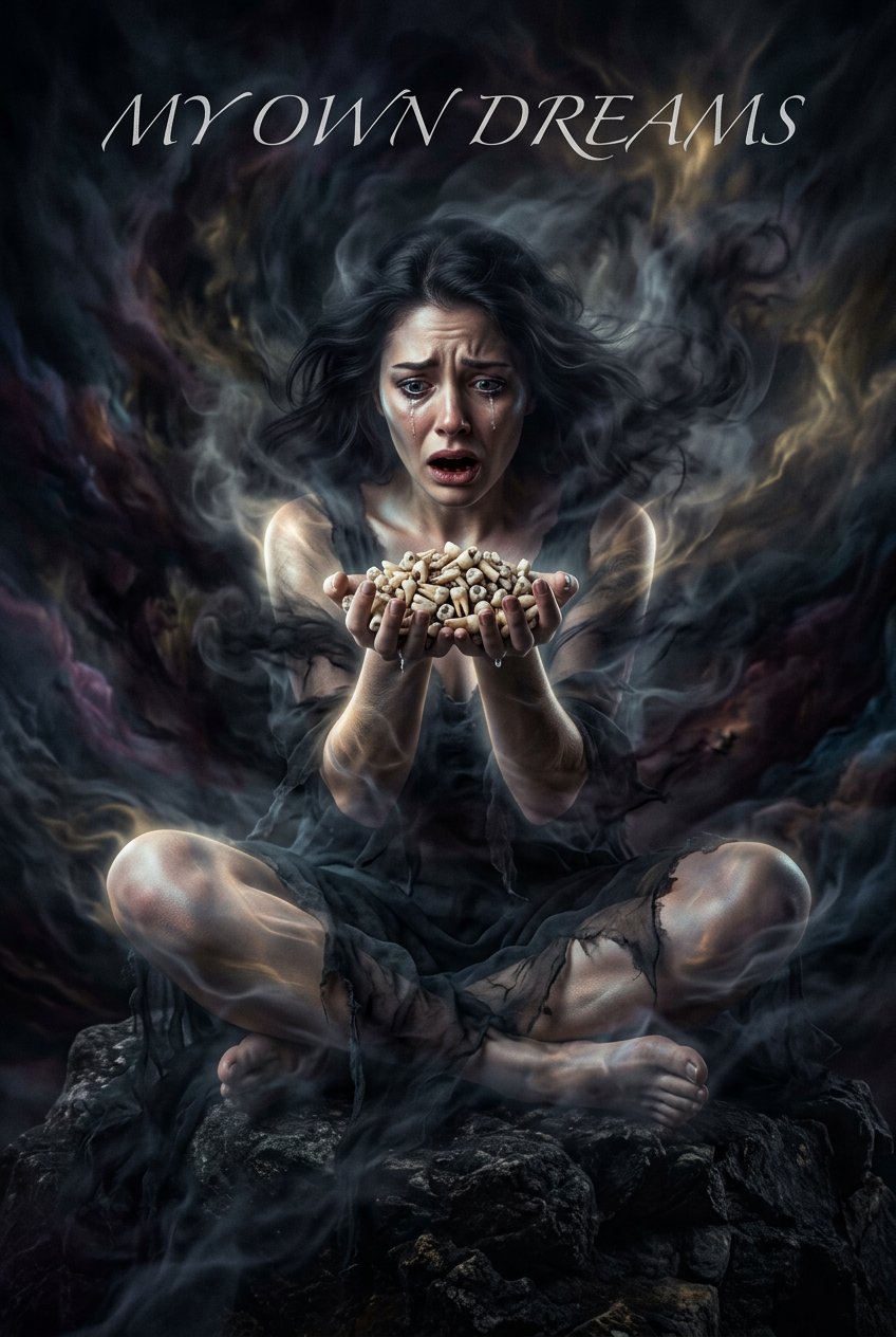 A figure sits in anguish holding a handful of fallen teeth — the most universal nightmare in human experience